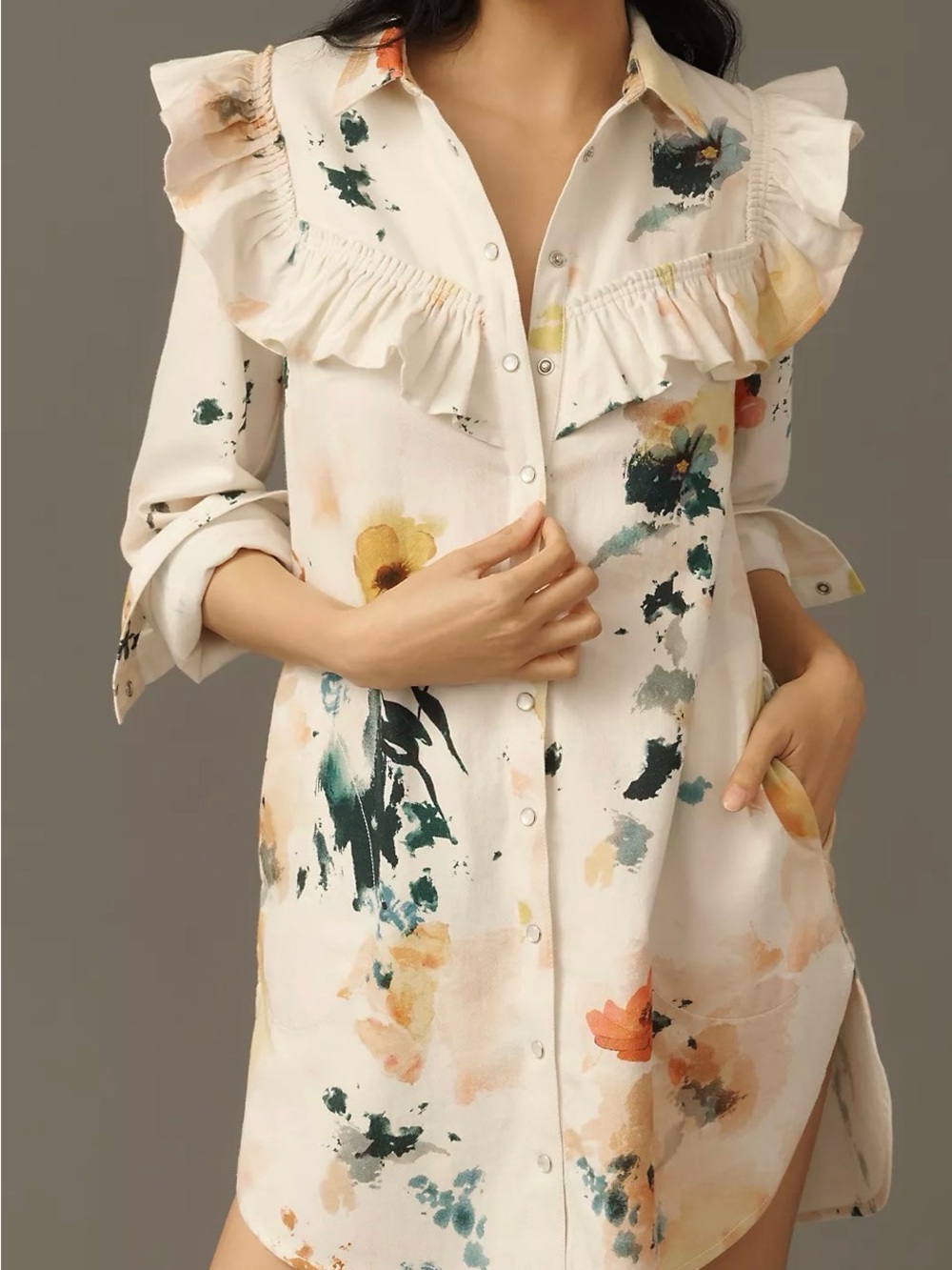 Pilcro Long-Sleeve Ruffled Denim Mini Shirt Dress